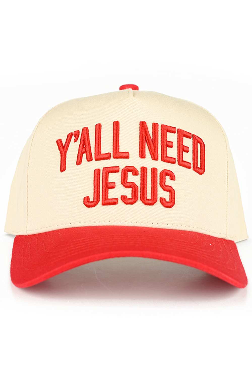 Red C.C Y'ALL NEED JESUS Embroidered Letter Two Tone Baseball Cap Trucker Hat Classic trucker style with bold embroidered messaging and contrasting two-tone design. Snapback closure for adjustable, one-size-fits-most comfort. Crafted from 100% cotton for breathability and durability. Circumference measures 22.5" for a relaxed fit. Made in Vietnam. Perfect for everyday wear or making a statement. Lightweight and versatile pairs with casual outfits effortlessly.