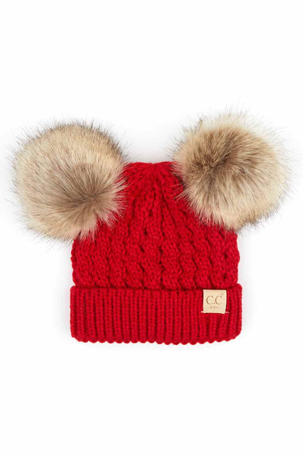 Red Keep your child warm and stylish with this C.C Kids Double Pom Pom Beanie. Featuring an all-over cable knit pattern and dual pom poms for extra charm, it's the perfect accessory for chilly days.