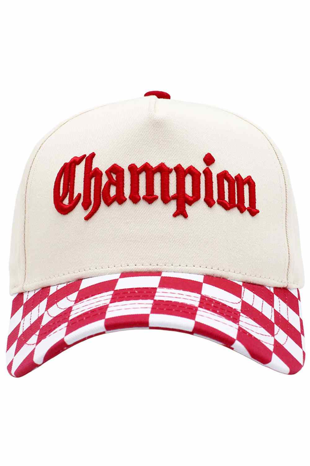 Red Classic baseball cap featuring the iconic CHAMPION embroidered letter on the front. The checkered brim adds a distinctive touch to this timeless style. Crafted from 100% cotton for breathability and comfort, perfect for everyday wear or outdoor activities. One size fits most. A versatile accessory that pairs effortlessly with casual outfits.