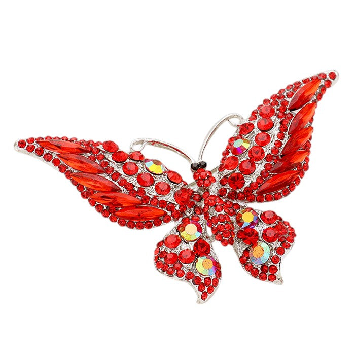 Red Glass Crystal Butterfly Pin Brooch is expertly crafted with sparkling glass crystals, adding a touch of elegance and sophistication to any outfit. With its timeless butterfly design, this tasteful accessory is perfect for any occasion. Enhance your ensemble with a touch of shimmer and charm.