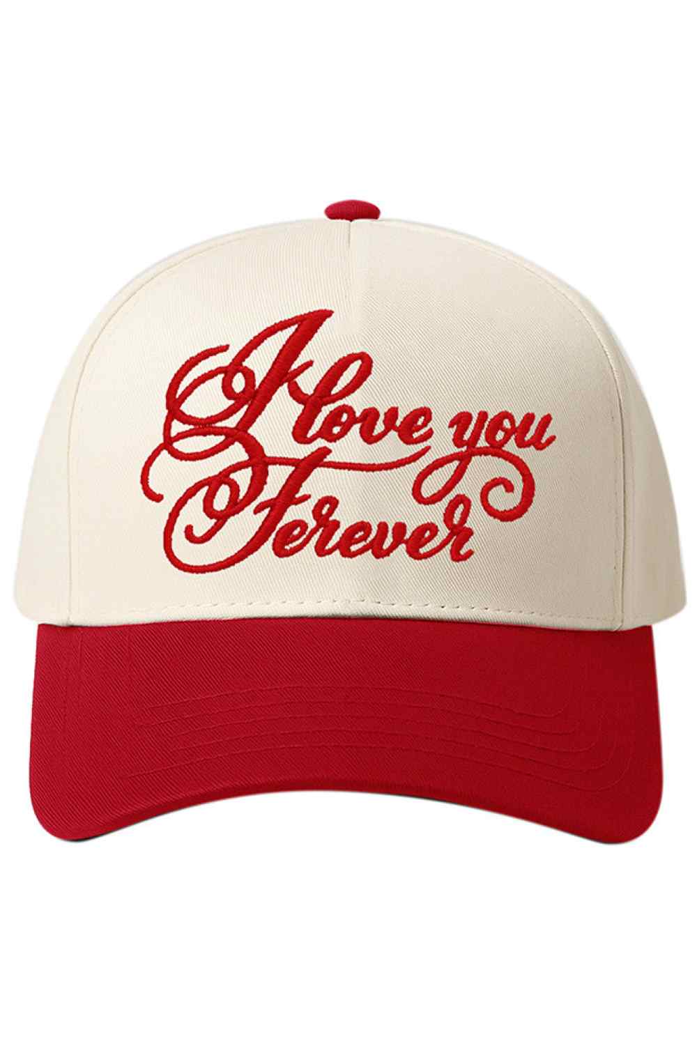 Red Timeless style meets heartfelt sentiment with this two-tone baseball cap featuring "LOVE YOU FOREVER" embroidered across the front. Crafted from 100% cotton for breathable comfort and durability, this classic cap works for everyday wear, casual outings, or as a meaningful gift. The contrasting color blocking adds modern appeal while the embroidered lettering delivers an emotional touch. One size fits most. Perfect for anyone who wants to wear their feelings.