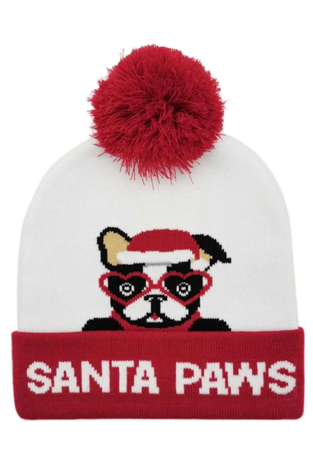Red Santa Paws Christmas Holiday Pom Beanie features an adorable festive design topped with a fluffy pom for a fun, pet-loving holiday look. Made with a soft stretch fit, it keeps you warm and cozy while adding playful Christmas charm to your winter outfits.