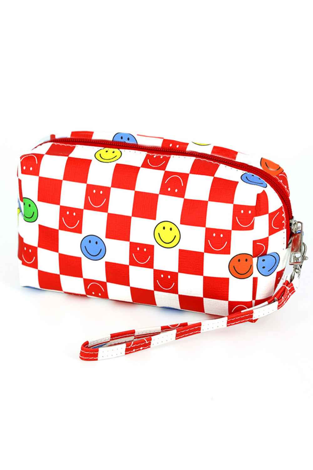 Carry your essentials with a cheerful touch. This wristlet pouch features a playful smile face pattern that brightens any day. Perfect for holding keys, cards, coins, and small items, it combines functionality with fun style. The secure wrist strap keeps your hands free while shopping, traveling, or on the go. A compact companion that adds personality to your everyday carry.