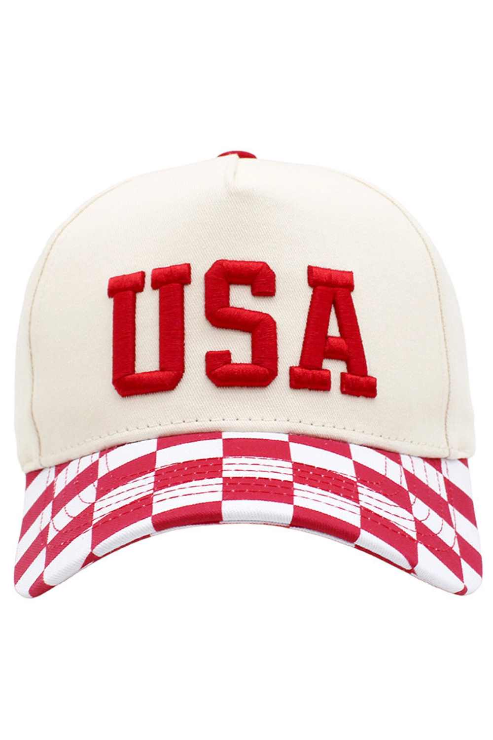 Red Classic baseball cap featuring USA embroidered lettering on the front and a distinctive checker pattern along the brim. Crafted from 100% cotton for breathability and comfort, perfect for everyday wear or outdoor activities. One size fits most. Made in China.