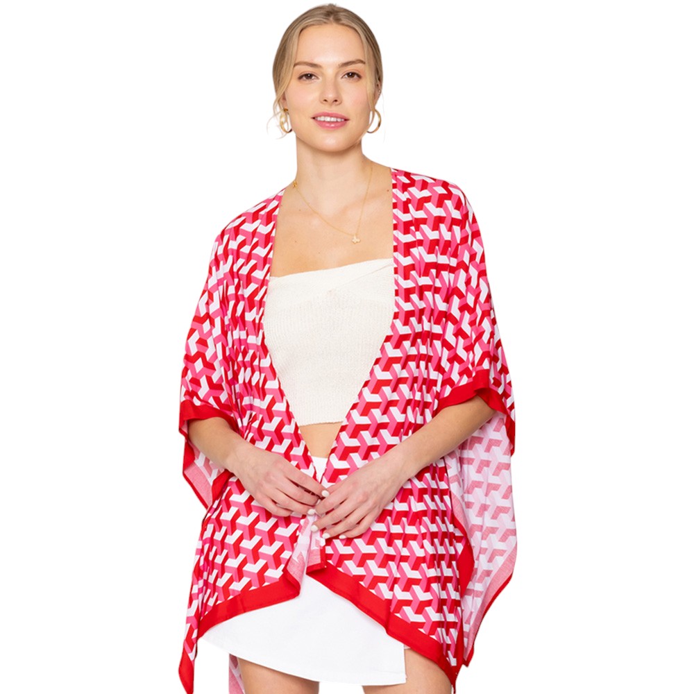 Red  Geometric Pattern Print Ruana Poncho is a must-have addition to your wardrobe. Crafted with a unique geometric pattern, this poncho adds a touch of modern style to any outfit. Made with high-quality materials, it provides both comfort and durability. Perfect for any occasion, this versatile piece is a statement piece you won't miss out on. 