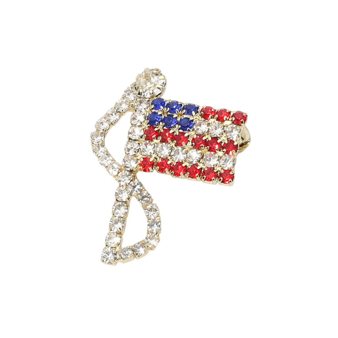 Gold Statement flag inspired brooch designed with a flowing ribbon silhouette and shimmering rhinestone accents. A bold decorative accessory ideal for jackets, coats, scarves, hats, bags, and event outfits. Perfect for patriotic celebrations, themed events, gifting, or adding eye catching detail to everyday styling.
