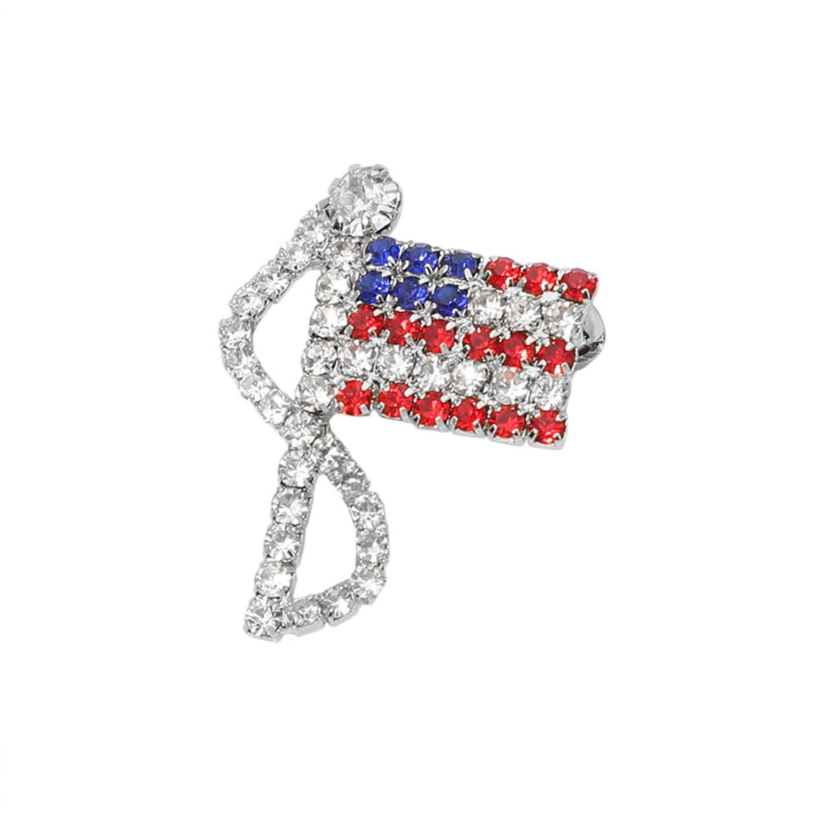Silver Statement flag inspired brooch designed with a flowing ribbon silhouette and shimmering rhinestone accents. A bold decorative accessory ideal for jackets, coats, scarves, hats, bags, and event outfits. Perfect for patriotic celebrations, themed events, gifting, or adding eye catching detail to everyday styling.