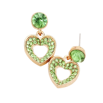 Rhinestone Pave Heart Cut out Earrings - Gold Peridot - Earrings