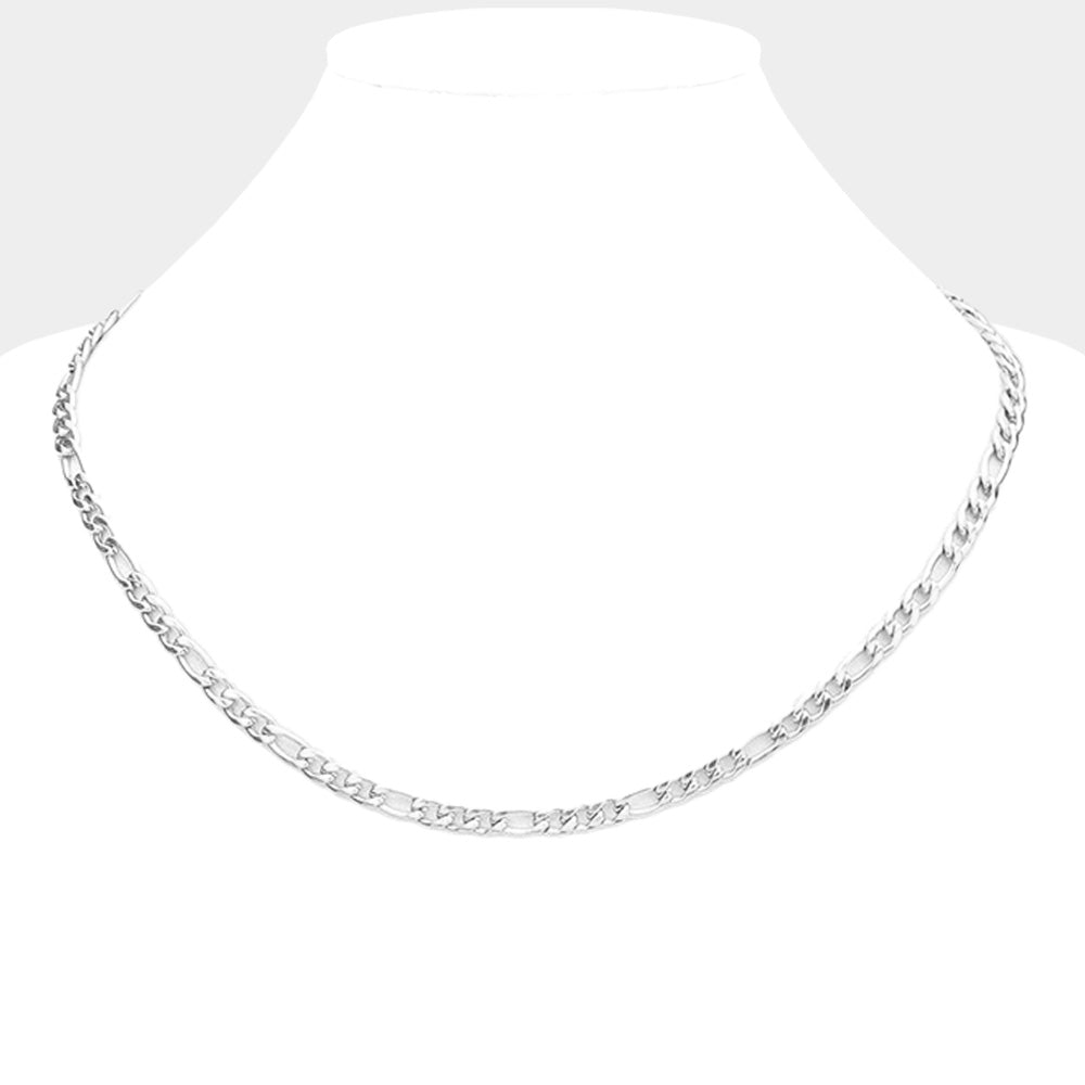 Rhodium 16 inch, 4mm Stainless Steel Figaro Chain Necklace is a sleek and durable accessory for any outfit. Made from high-quality stainless steel, it offers both strength and style. Its 16-inch length is perfect for everyday wear, while the 4mm thickness adds subtle dimension. Elevate your look with this classic and versatile chain.