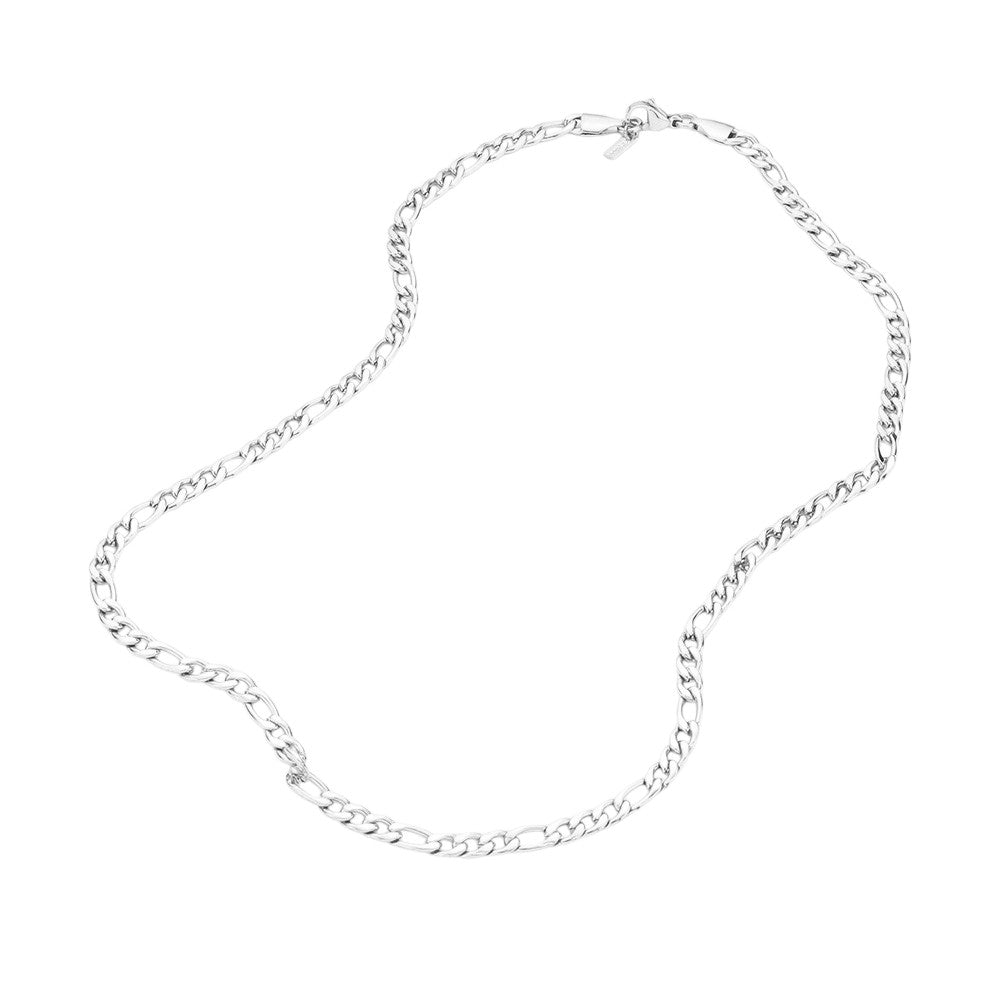 Rhodium 16 inch, 4mm Stainless Steel Figaro Chain Necklace is a sleek and durable accessory for any outfit. Made from high-quality stainless steel, it offers both strength and style. Its 16-inch length is perfect for everyday wear, while the 4mm thickness adds subtle dimension. Elevate your look with this classic and versatile chain.
