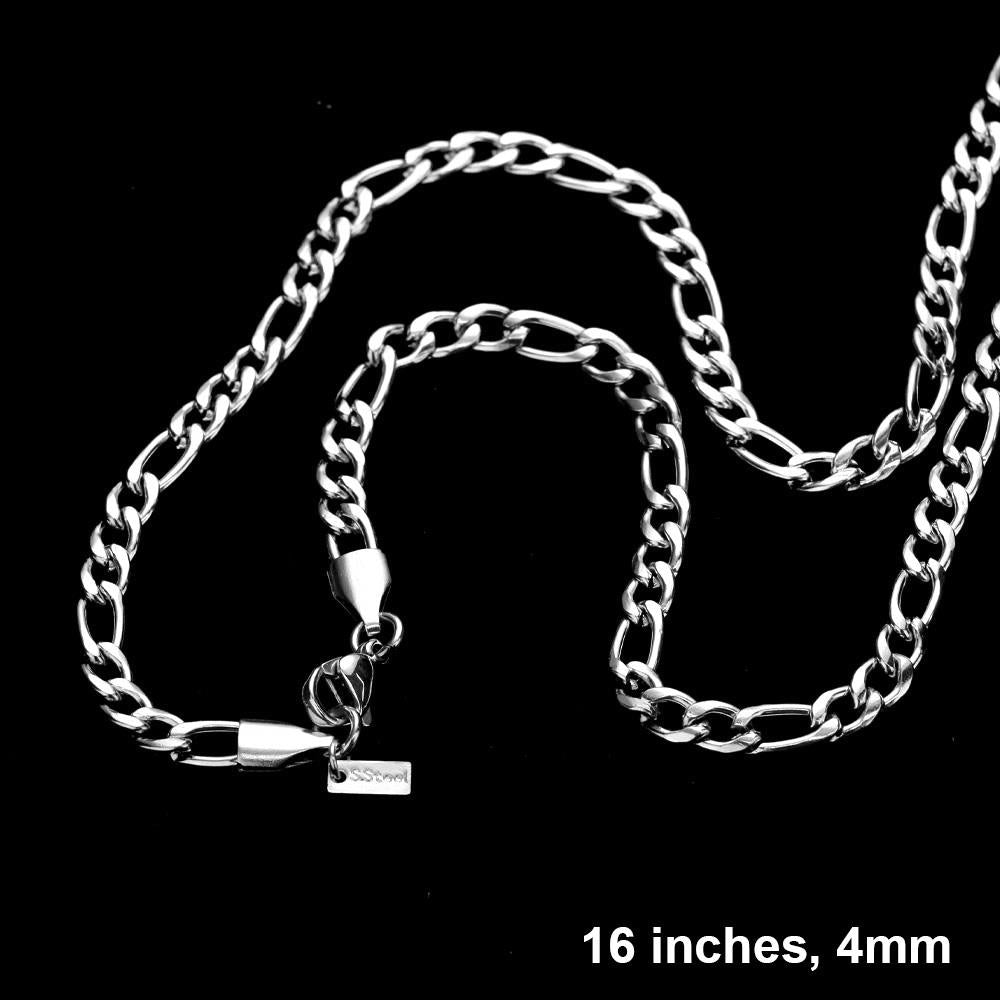 Rhodium 16 inch, 4mm Stainless Steel Figaro Chain Necklace is a sleek and durable accessory for any outfit. Made from high-quality stainless steel, it offers both strength and style. Its 16-inch length is perfect for everyday wear, while the 4mm thickness adds subtle dimension. Elevate your look with this classic and versatile chain.