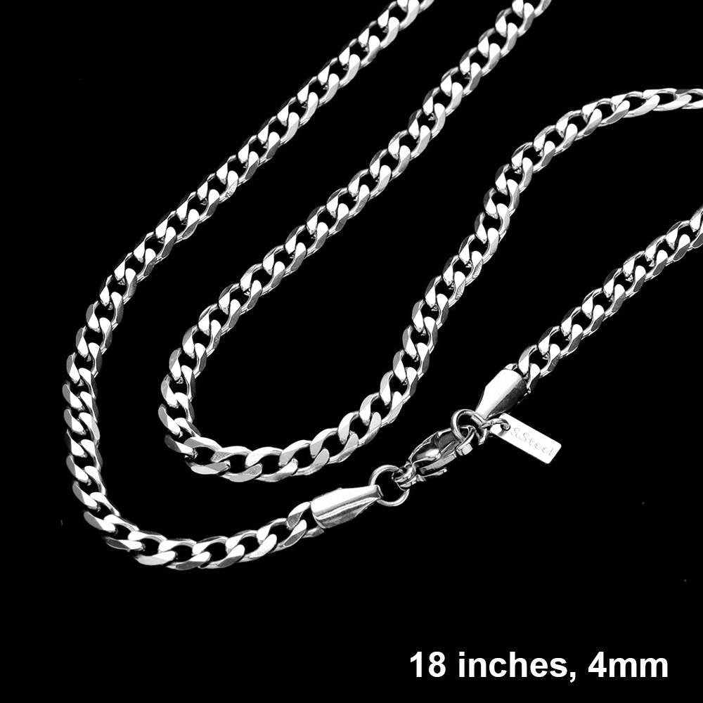 Rhodium 18-inch, 4mm stainless steel diamond-cut Cuban chain necklace is a versatile and durable accessory. Its unique diamond-cut design adds dimension and shine to any outfit, making it a stylish addition to any jewelry collection. Made from stainless steel, this necklace is also rust and tarnish resistant, ensuring long-lasting wear.
