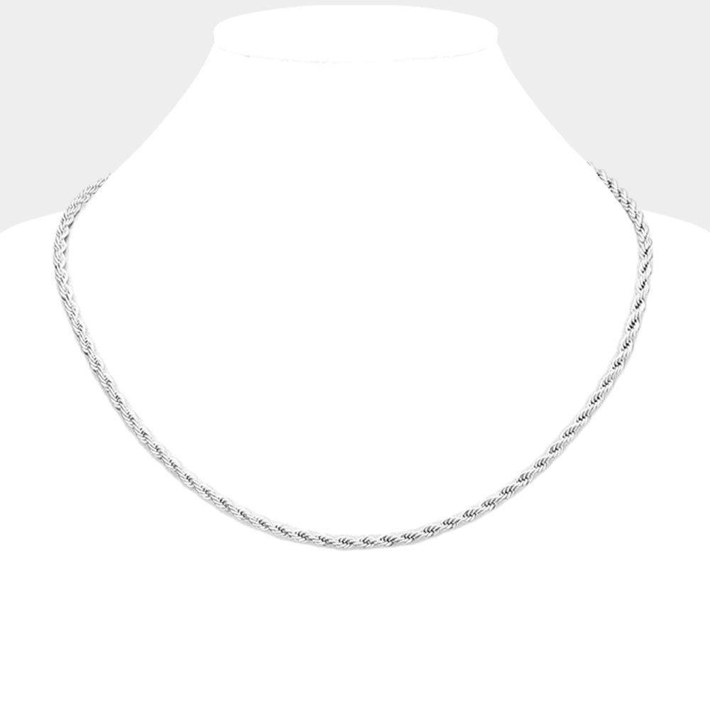 Rhodium 18 INCH, 4mm stainless steel rope chain necklace is a durable and sleek accessory for any outfit. Made with high-quality stainless steel, this necklace is resistant to tarnishing and damage, making it a long-lasting piece for everyday wear. The 4mm width adds just the right amount of shine and statement to any look.