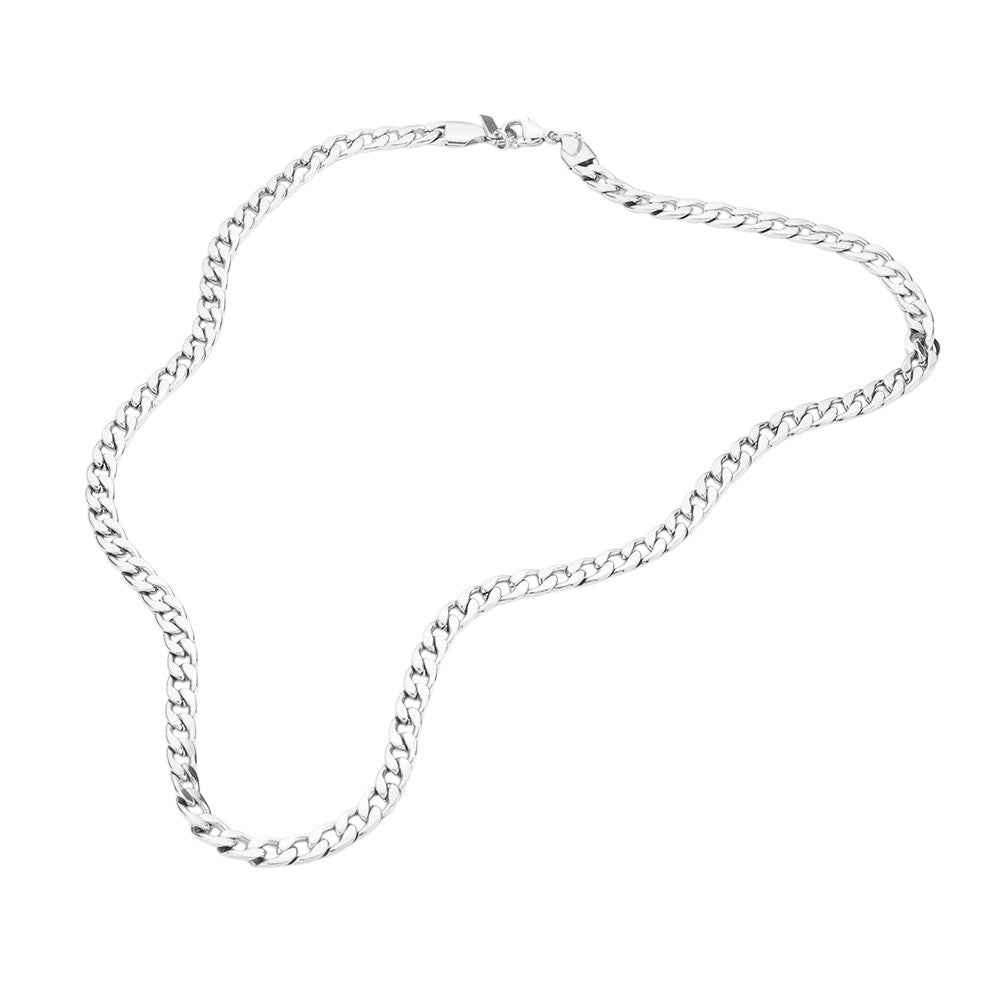 Rhodium 16 INCH, 5mm Stainless Steel Cuban Chain Necklace is a versatile and durable accessory for any style. Made of high-quality stainless steel, it is resistant to tarnishing and comfortable to wear. The 5mm width adds a sleek and modern touch. Elevate your look with this expertly crafted chain.