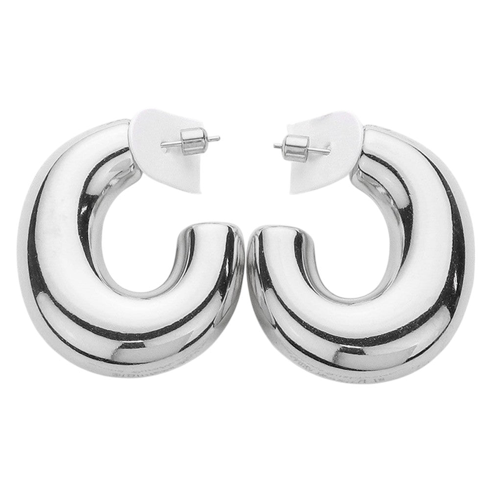 18K Gold Dipped Chunky Stainless Steel Hoop Earrings - Rhodium - Earrings