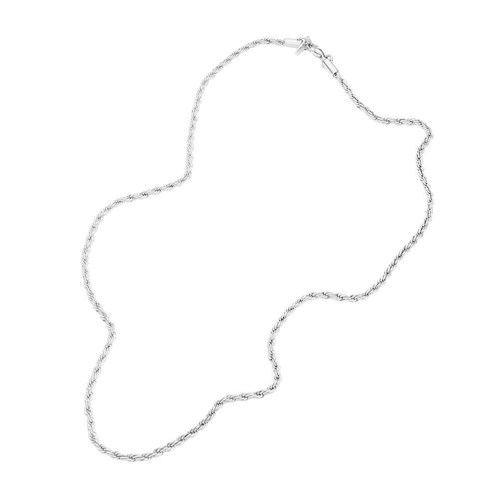 Rhodium  20 INCH, 3mm Stainless Steel Rope Chain Necklace is a classic and versatile piece for any wardrobe. Made from high-quality stainless steel, it offers durability and a luxurious shine. With its 20-inch length and 3mm thickness, it is the perfect accessory for both casual and formal occasions.