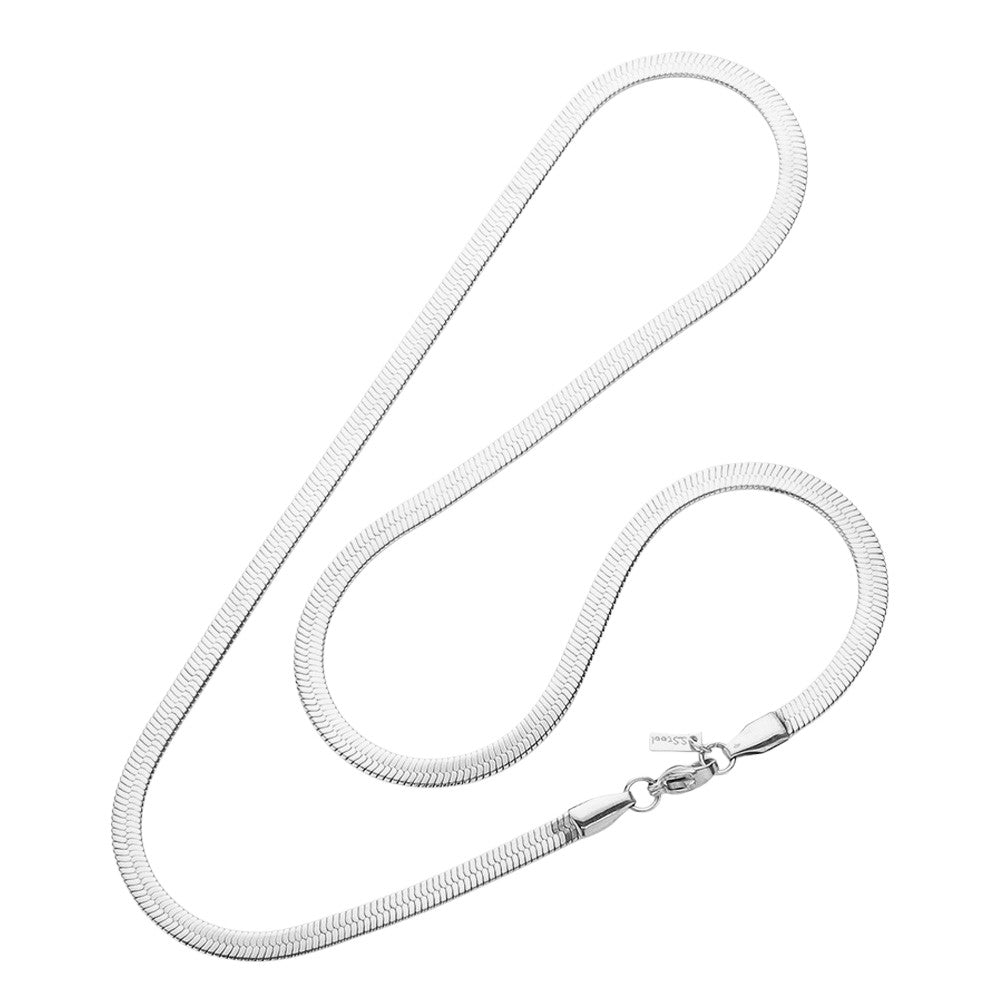 Rhodium 18-inch, 5mm stainless steel herringbone chain necklace combines durability and style. Expertly crafted for a classic and sleek look, it is a versatile accessory for any outfit. The strong and high-quality stainless steel material ensures long-lasting wear, making it a perfect choice for everyday wear.