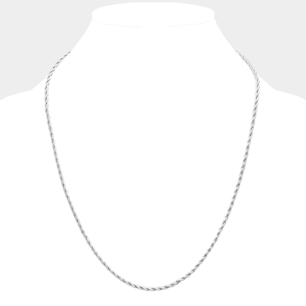Rhodium 24-inch stainless steel rope chain necklace is the perfect accessory for any outfit. With a thickness of 3mm, it offers a sleek and sturdy design that will last. Elevate your style with this timeless piece that is both versatile and fashionable.