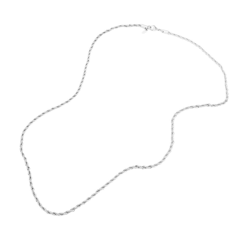 Rhodium 24-inch stainless steel rope chain necklace is the perfect accessory for any outfit. With a thickness of 3mm, it offers a sleek and sturdy design that will last. Elevate your style with this timeless piece that is both versatile and fashionable.