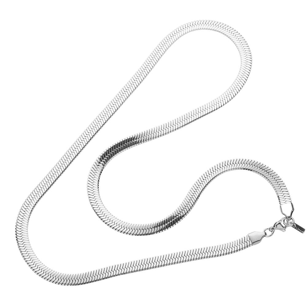Rhodium 24-inch, 7mm Stainless Steel Herringbone Chain Necklace offers a classic and durable design for everyday wear. Made from high-quality stainless steel, it provides both strength and style. The herringbone pattern adds a touch of sophistication, making it a versatile accessory for any outfit.