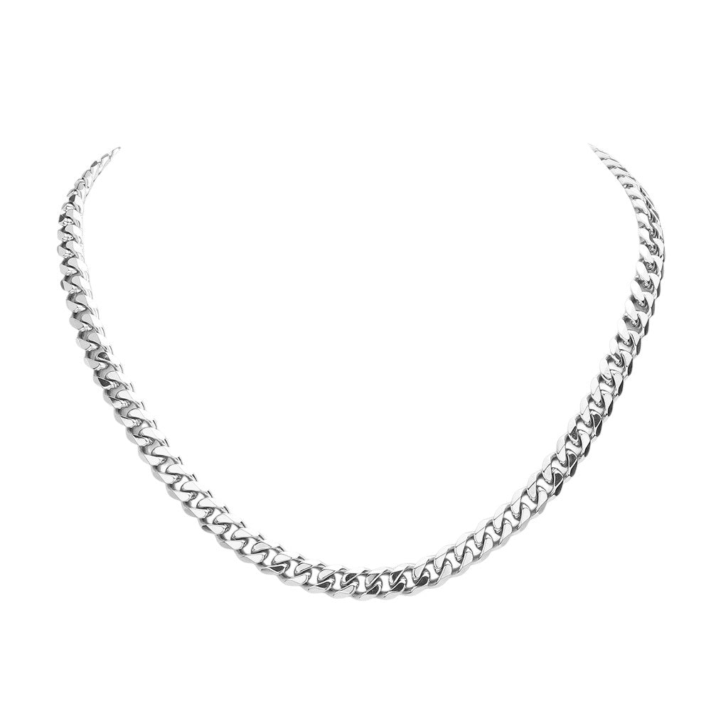 Rhodium-6 Diamond Cut Stainless Steel 18 Inch 8mm Cuban Metal Chain Necklace is a stylish and durable accessory for any occasion. Made of high-quality stainless steel, the necklace features a diamond-cut design that adds a touch of elegance. With an 18-inch length and 8mm thickness, it is the ideal size for everyday wear. It is a must-have for any fashion-forward individual.