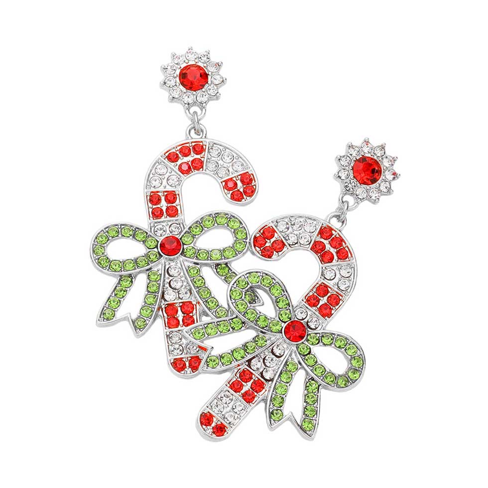 Bow Pointed Candy Cane Dangle Earrings - Rhodium - Earrings