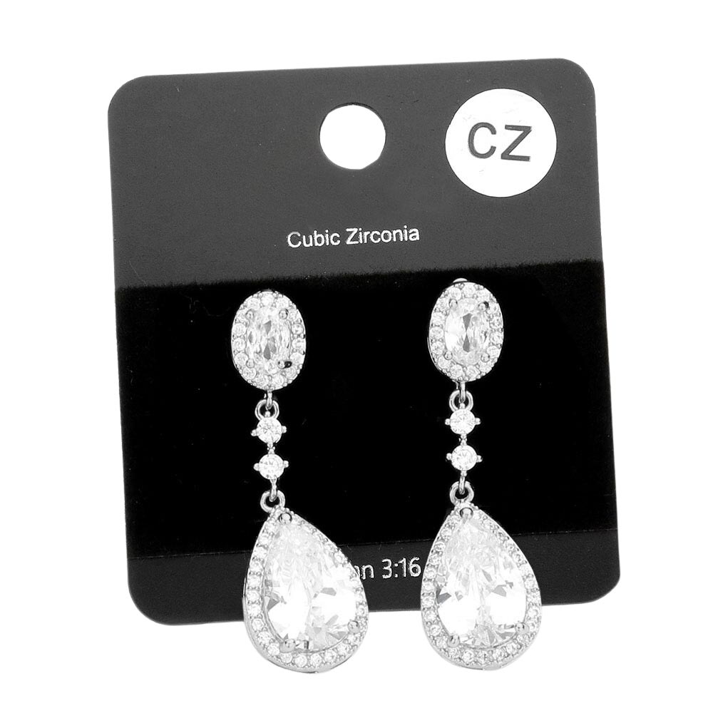 Rhodium CZ Teardrop Accented Evening Earrings, enhance your attire with these vibrant beautiful cz teardrop evening earrings to dress up or down your look on special occasions. These beautifully unique designed earrings with beautiful colors are suitable as gifts for wives, lovers, special occasions, anniversaries, etc.