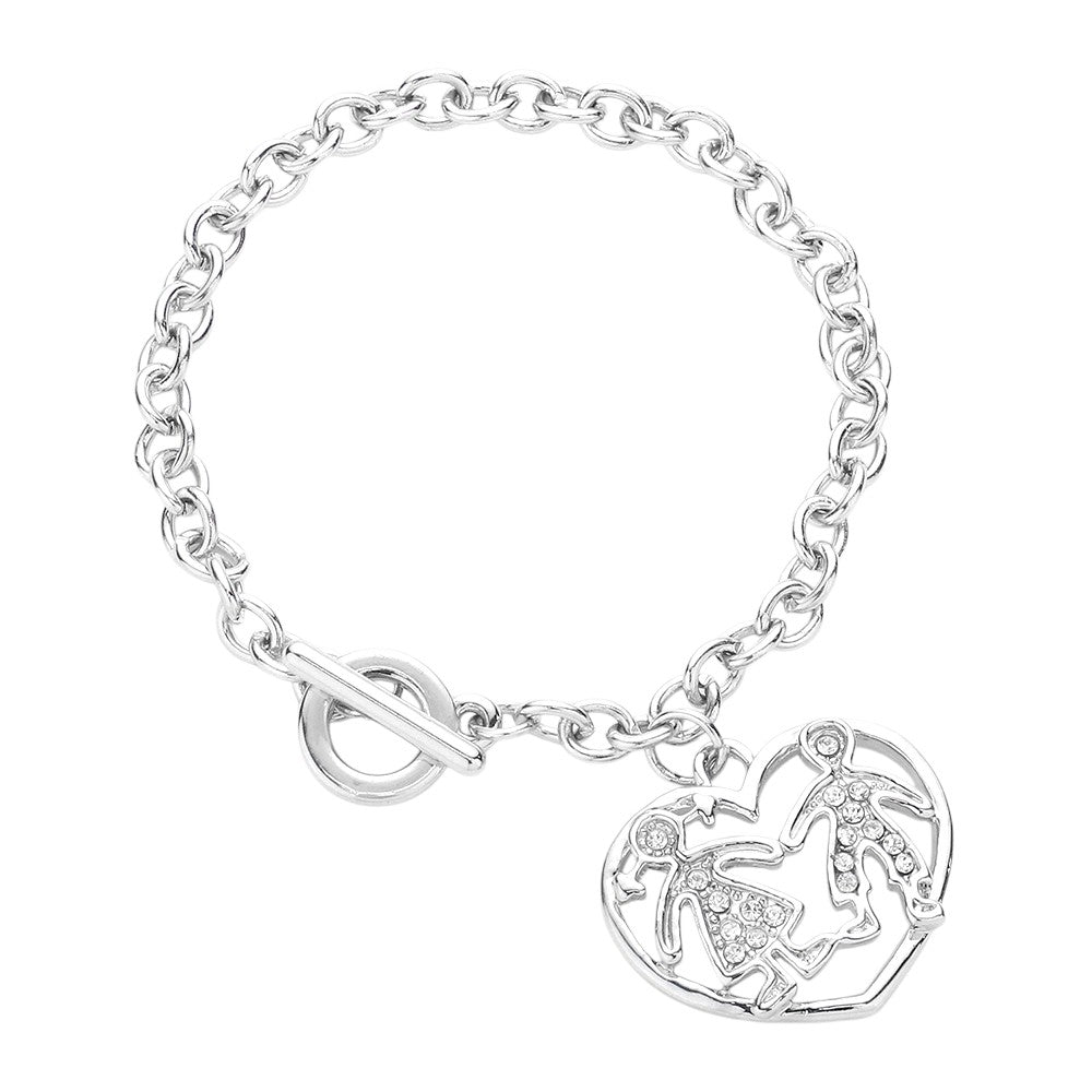 Couple Accented Heart Charm Toggle Bracelet - Rhodium - Bracelets