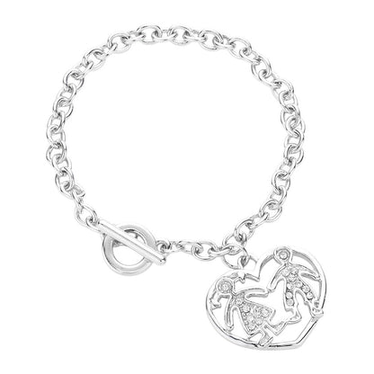 Couple Accented Heart Charm Toggle Bracelet - Rhodium - Bracelets