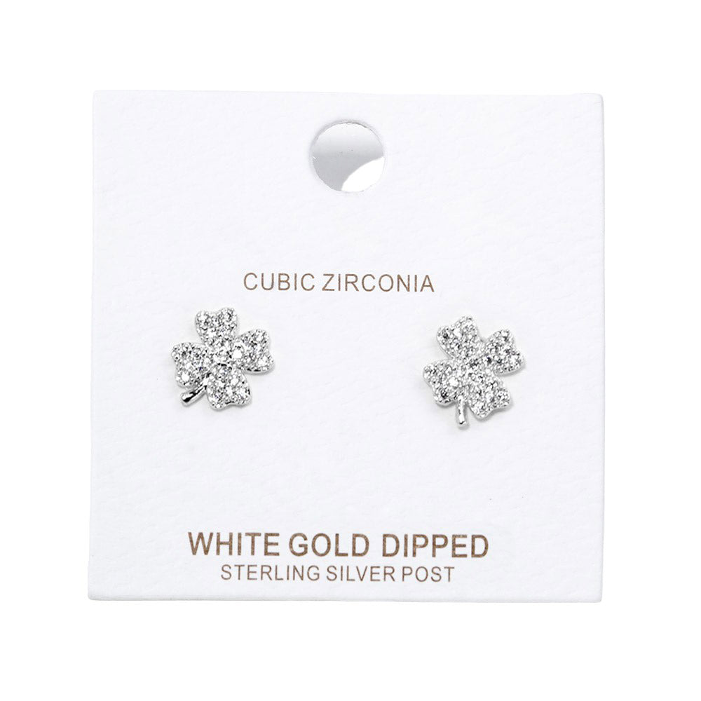 Rhodium Cubic Zirconia Clover Stud Earrings, Upgrade your jewelry collection. These expertly crafted earrings feature high-quality cubic zirconia stones, giving them a stunning sparkle. The clover shape adds a touch of elegance to any outfit, making them the perfect accessory for both formal and casual occasions.