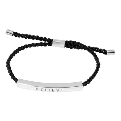 Rhodium-Gold-Dipped BELIEVE Message Bar Pointed Rope Adjustable Cinch Pull Tie Bracelet features an adjustable cinch pull tie for a perfect fit. The "BELIEVE" message bar adds a touch of inspiration to any outfit. Made with durable rope, this bracelet is designed to last and elevate your style.