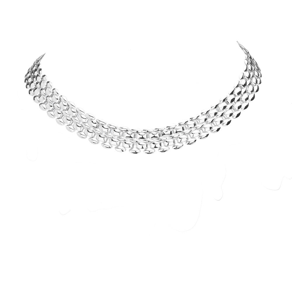 Rhodium White Gold Dipped Metal Chain Collar Necklace, this stylish necklace is the perfect way to add a touch of glamour to any outfit. The sleek design features a unique dip-dye finish to provide a luxurious, elegant look. Shine on! Great gift idea for your Wife, Mom, your Loving one, or any family member.