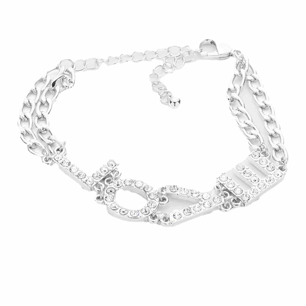 Rhodium Love Rhinestone Embellished Message Bracelet perfect for adding just the right amount of shimmer & shine to your outfit. Perfect Birthday Gift, Anniversary Gift, Mother's Day Gift, Valentine's Day Gift, Regalo Cumpleanos, Regalo Dia Del Amor, Regalo Del Dia de las Madres, Graduation Gift