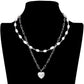 Metal Heart Pendant Freshwater Pearl Double Layered Necklace - Rhodium - Necklaces