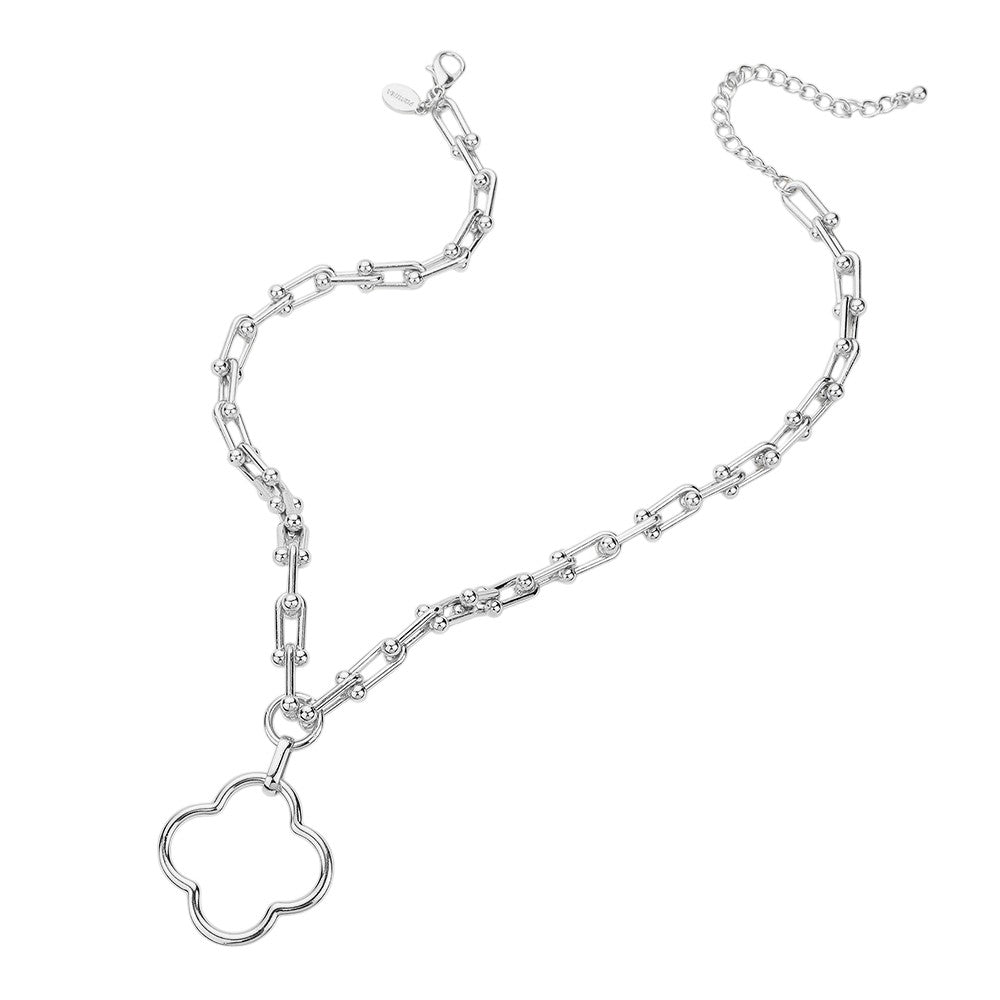 Rhodium Open Quatrefoil Pendant Hardware Chain Necklace is a stunning accessory that adds a touch of elegance to any outfit. The intricate quatrefoil pendant design is crafted with durable hardware chain for a unique and eye-catching look. Elevate your style with this expertly crafted necklace.