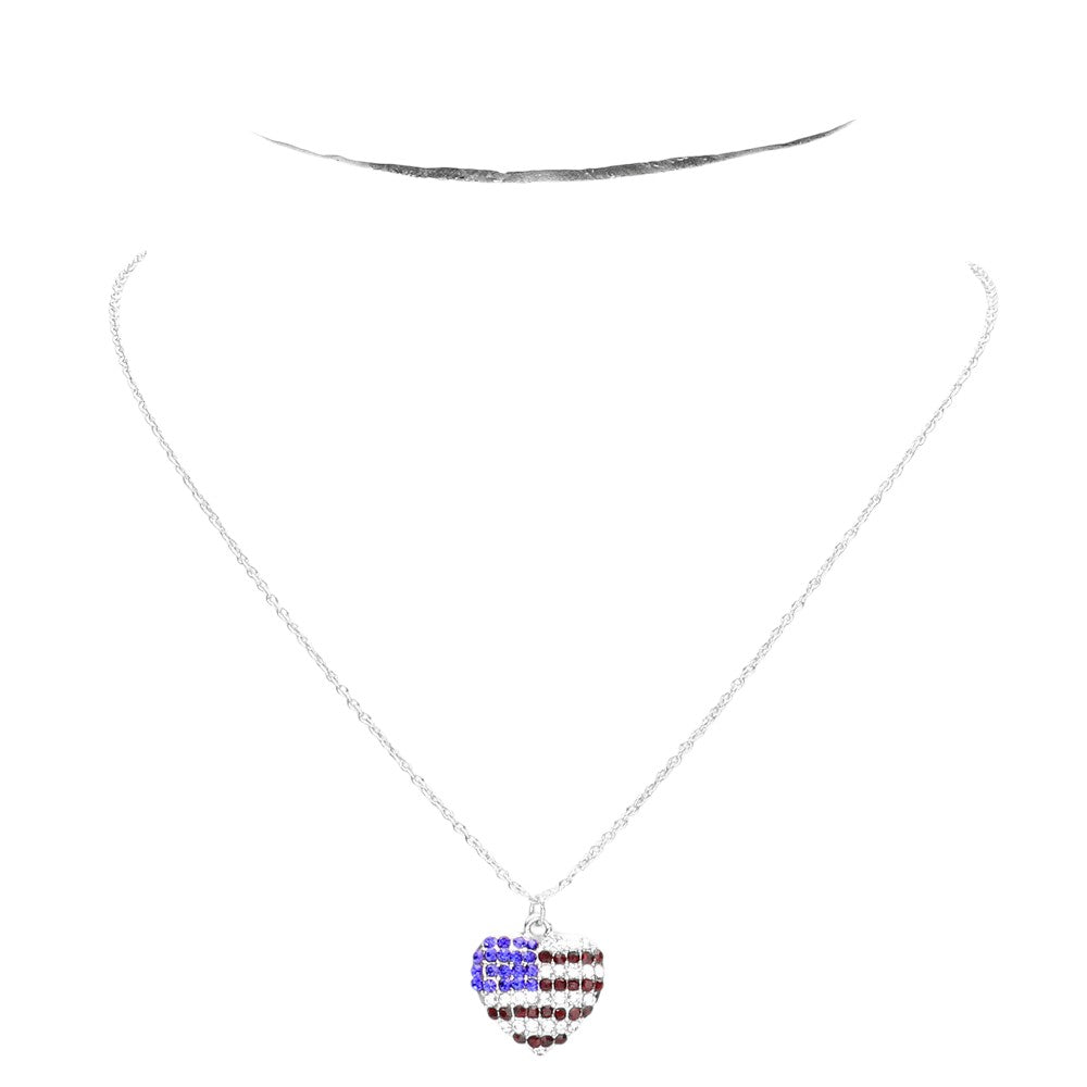 Rhodium Rhinestone Embellished American USA Flag Heart Pendant Necklace, show your love for our country with this cute patriotic American USA Flag Heart Pendant necklace. Featuring a bit of fashionable fireworks flair in our nations colors. Great for Election Day, National Holidays, Flag Day, 4th of July, Memorial Day, Labor Day.