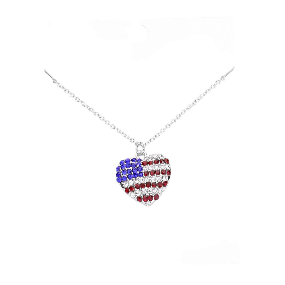 Rhodium Rhinestone Embellished American USA Flag Heart Pendant Necklace, show your love for our country with this cute patriotic American USA Flag Heart Pendant necklace. Featuring a bit of fashionable fireworks flair in our nations colors. Great for Election Day, National Holidays, Flag Day, 4th of July, Memorial Day, Labor Day.