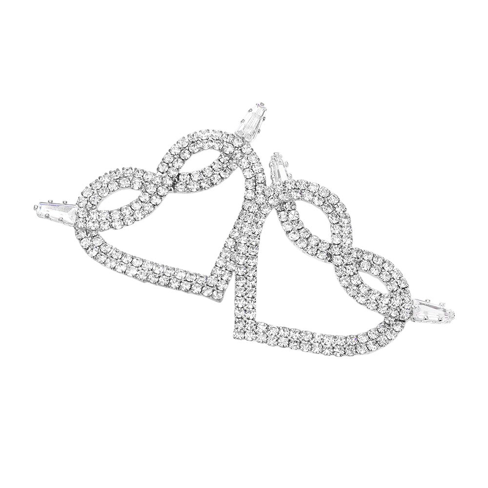 Rhodium Rhinestone Pave Heart Earrings add a touch of glamour to any outfit. Made with sparkling rhinestones, they are perfect for special occasions or everyday wear. The pave setting provides a secure hold while adding a subtle shine. Elevate your style with these timeless earrings.