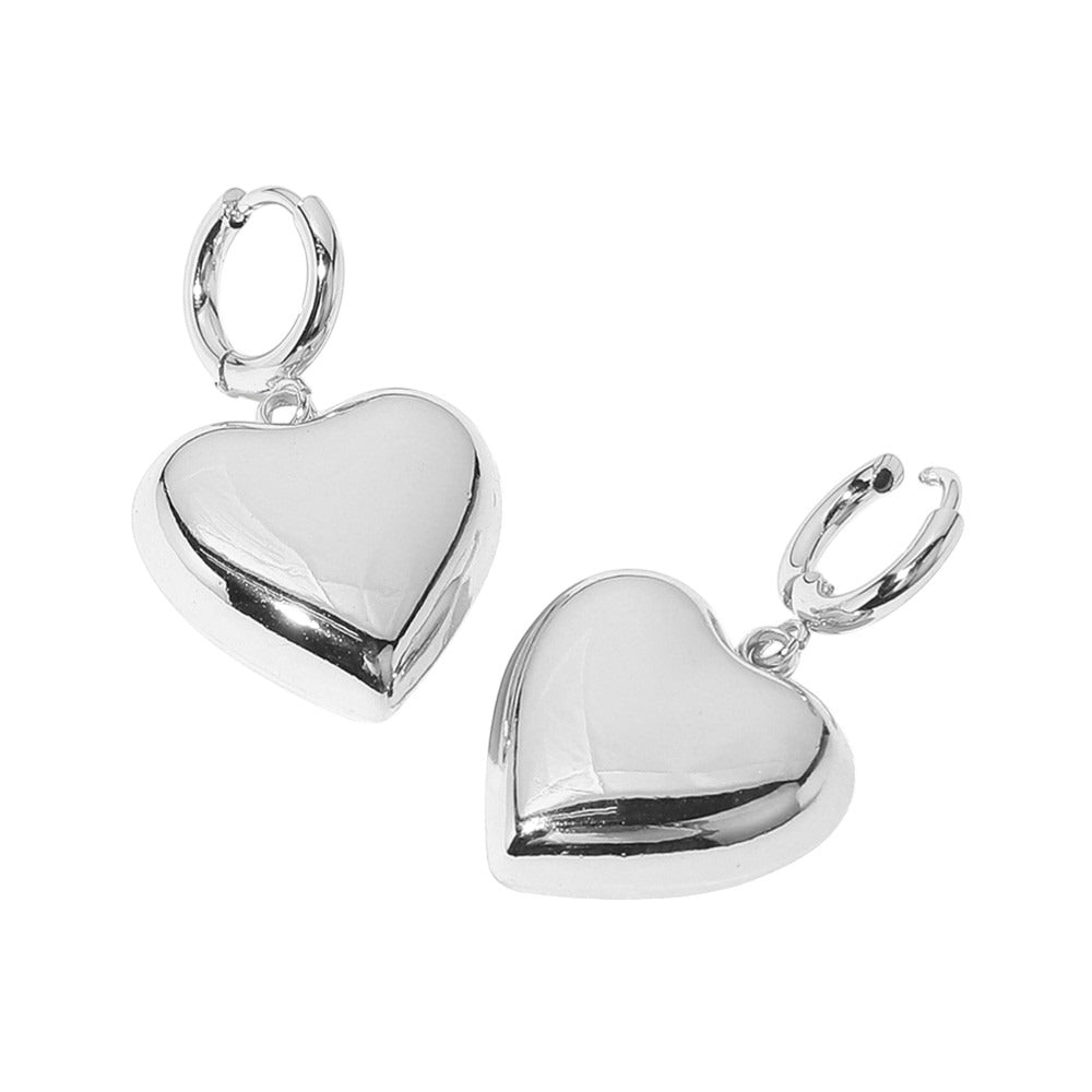 SECRET BOX Stainless Steel Heart Dangle Huggie Hoop Earrings - Rhodium - Earrings