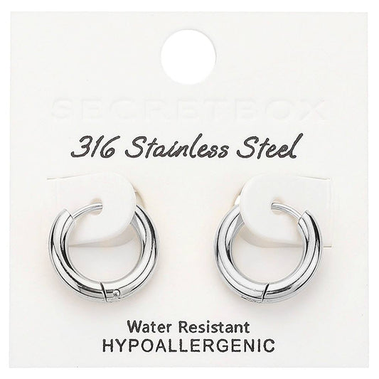 Rhodium SECRET BOXS Stainless Steel Huggie Hoop Earrings are made from high-quality materials designed for comfort and durability. With their sleek and stylish design, these earrings are the perfect addition to any outfit. Crafted from stainless steel, they are also hypoallergenic and suitable for sensitive ears. Upgrade your jewelry collection with these must-have earrings.