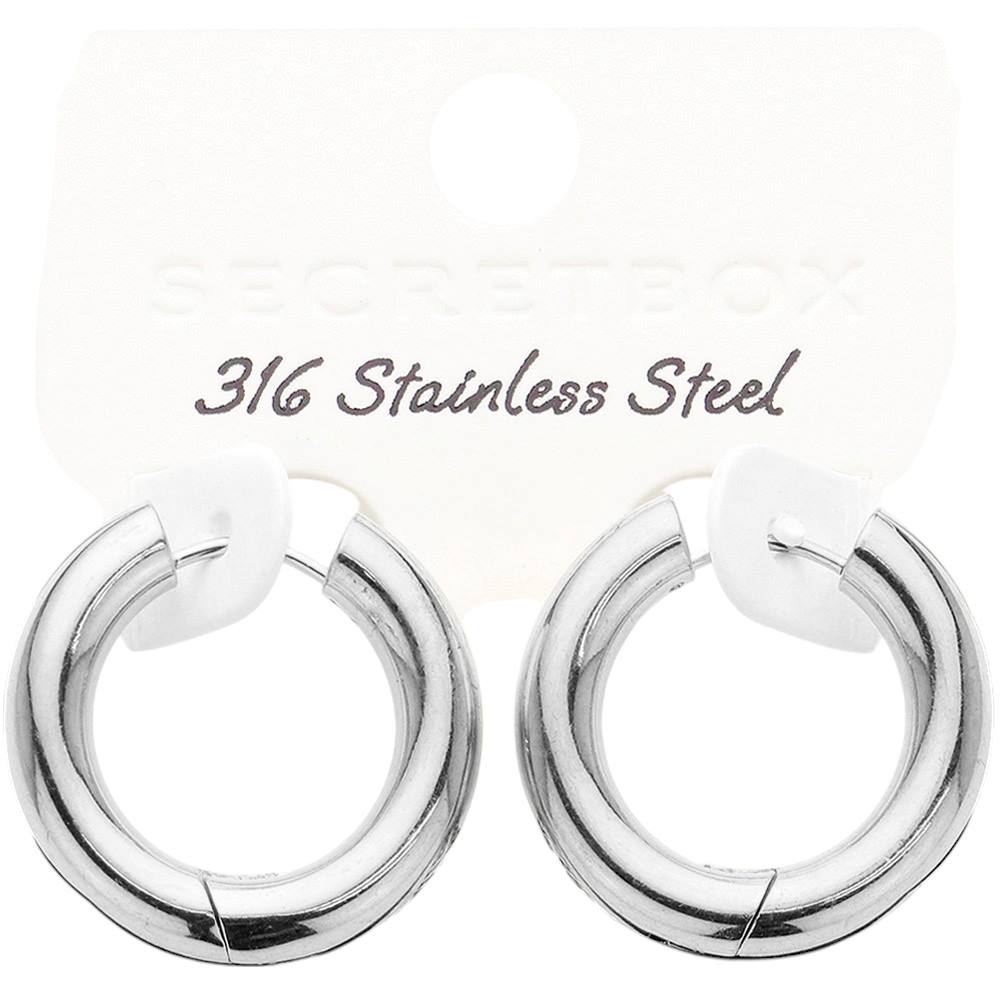 Rhodium SECRET BOX Stainless Steel Round Classic Hoop Earrings are a timeless accessory for any outfit. Made from high-quality stainless steel, these earrings are durable and hypoallergenic, making them perfect for everyday wear. The classic hoop design adds a touch of elegance to any look, making these earrings a must-have for any fashion-forward individual. Upgrade your jewelry collection with these stylish and functional hoop earrings.