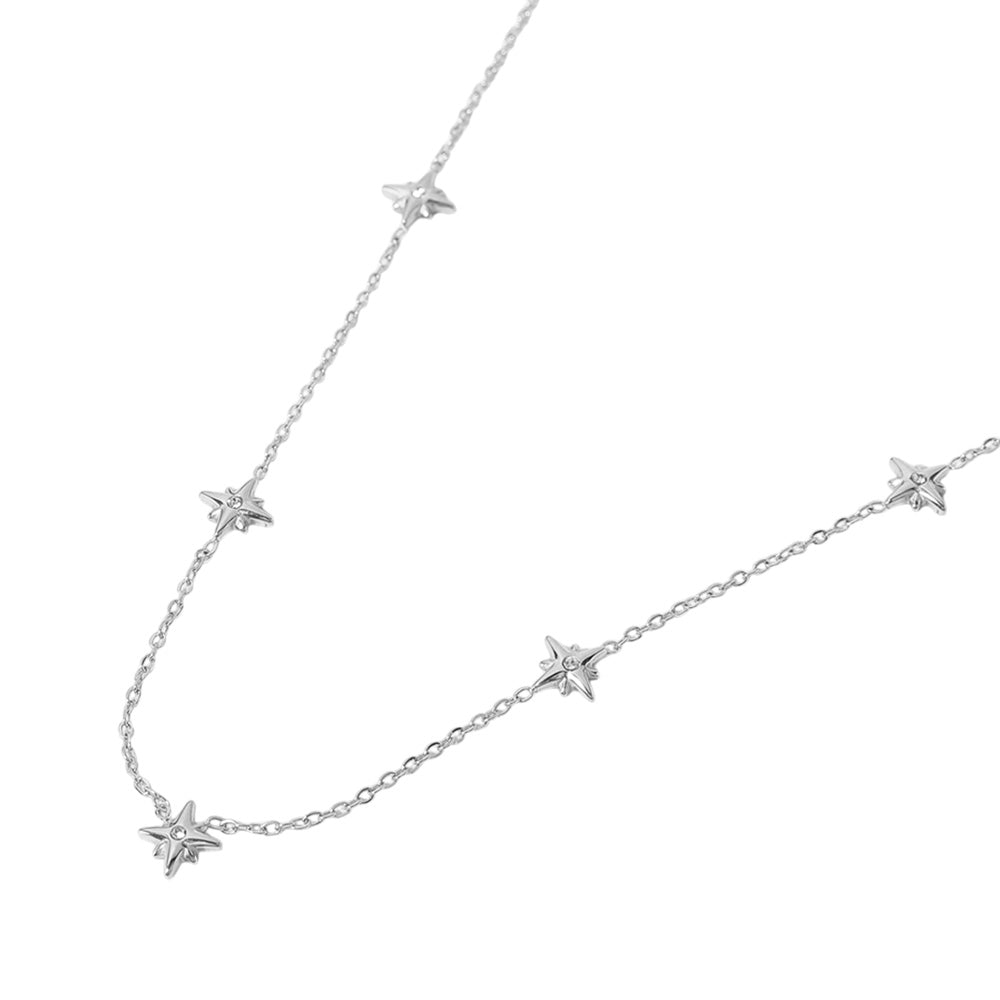 Rhodium SECRET BOX Stainless Steel Stone Starburst Station Necklace is a stunning piece of jewelry that will elevate any outfit. Made with high-quality stainless steel, it is durable and long-lasting. The unique starburst design with sparkling stones adds a touch of elegance and sophistication. Perfect for any occasion.