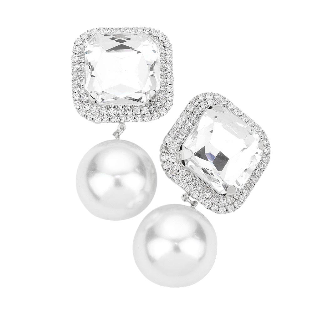 Rhodium Square Stone Pearl Link Dangle Evening Clip on Earrings, make a fashionable addition to any ensemble. Crafted with a unique square stone and pearl link, these eye-catching earrings are perfect for any formal or special occasion. These clip-on earrings offer a secure fit and ensure complete comfort throughout the night.