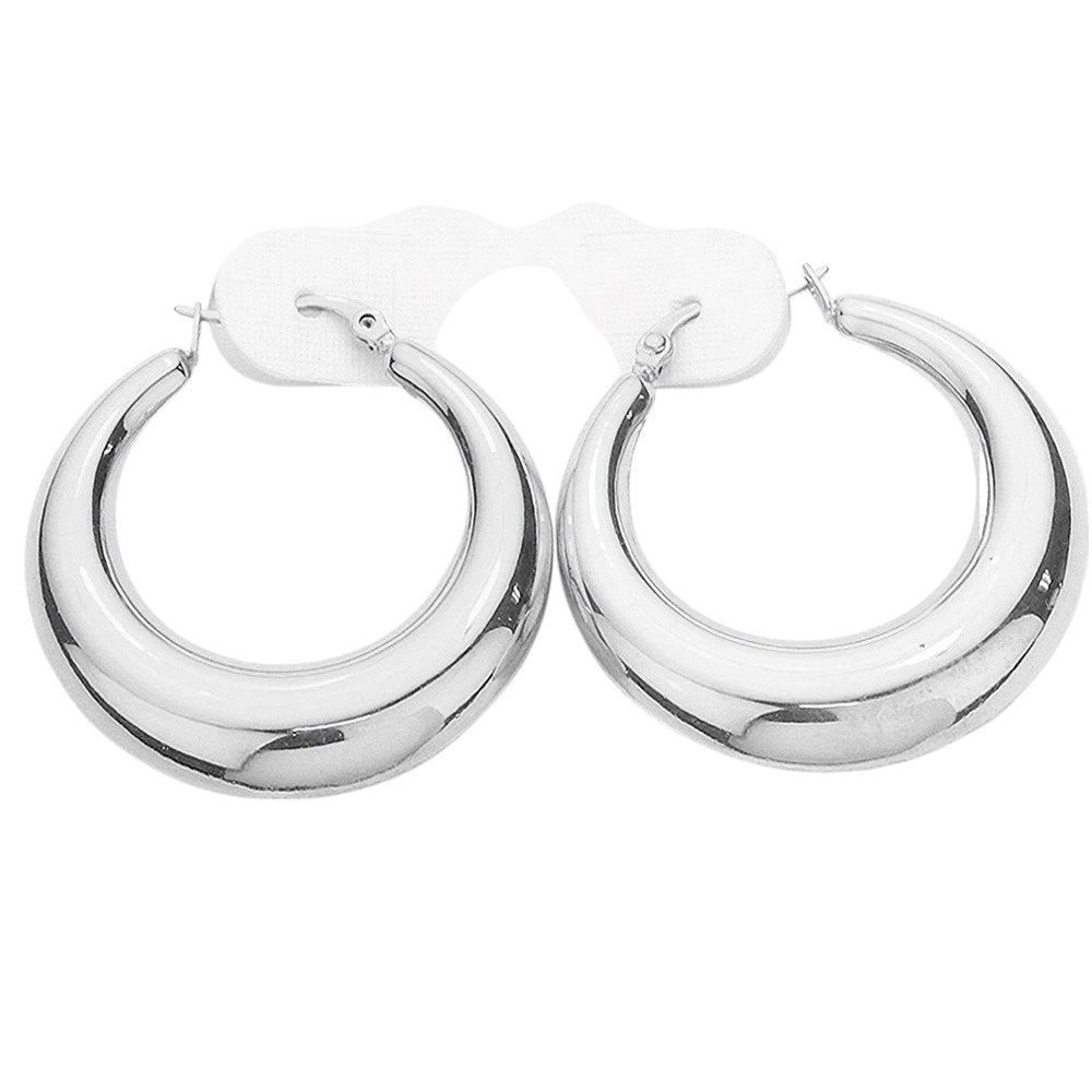 Rhodium Stainless Steel 1.5 Inch Metal Hoop Pin Catch Earrings are expertly crafted for durability and longevity. Made with high-quality stainless steel and featuring a secure pin catch design, these earrings are perfect for everyday wear. Enjoy the timeless elegance of a classic hoop earring with the added benefits of a strong and sturdy material.