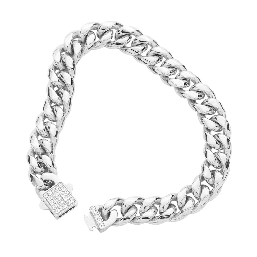 Stainless Steel CZ Embellished Metal Chain Link Bracelet - Rhodium - Bracelet