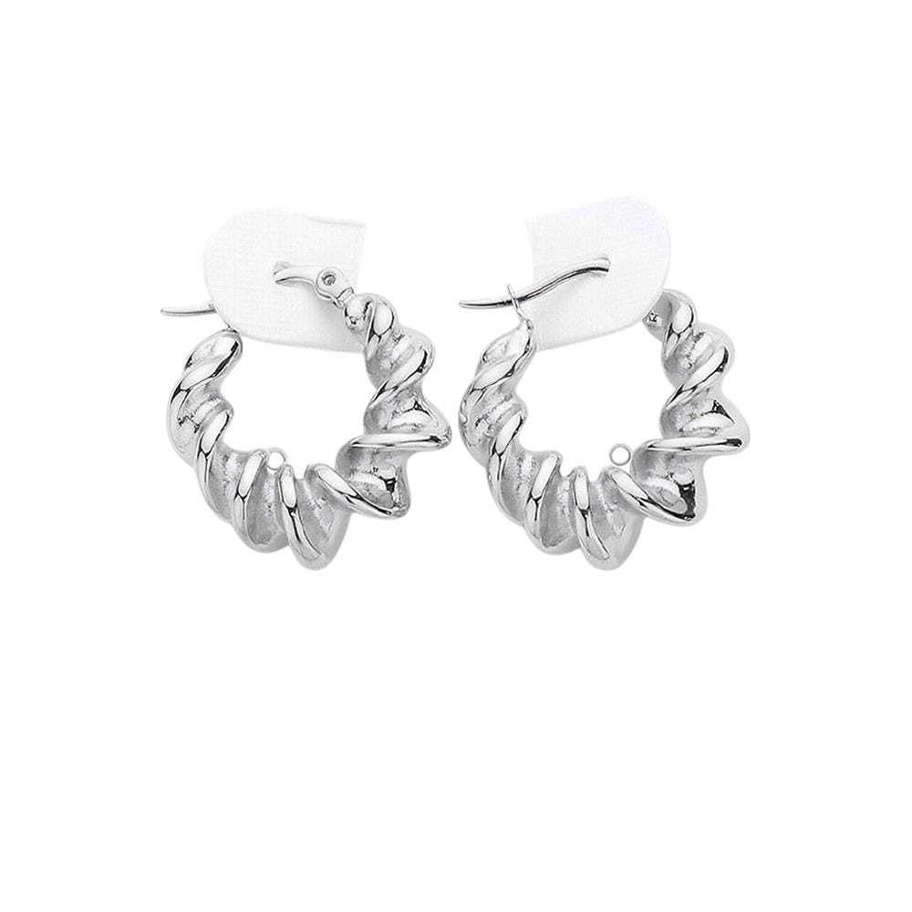 Rhodium Stainless Steel Spiral Hoop Earrings feature a unique pin catch design that securely holds the hoops in place. Made of high-quality stainless steel, these earrings are durable and hypoallergenic, making them perfect for everyday wear. Elevate your style with modern, stylish earrings that offer functionality and fashion.