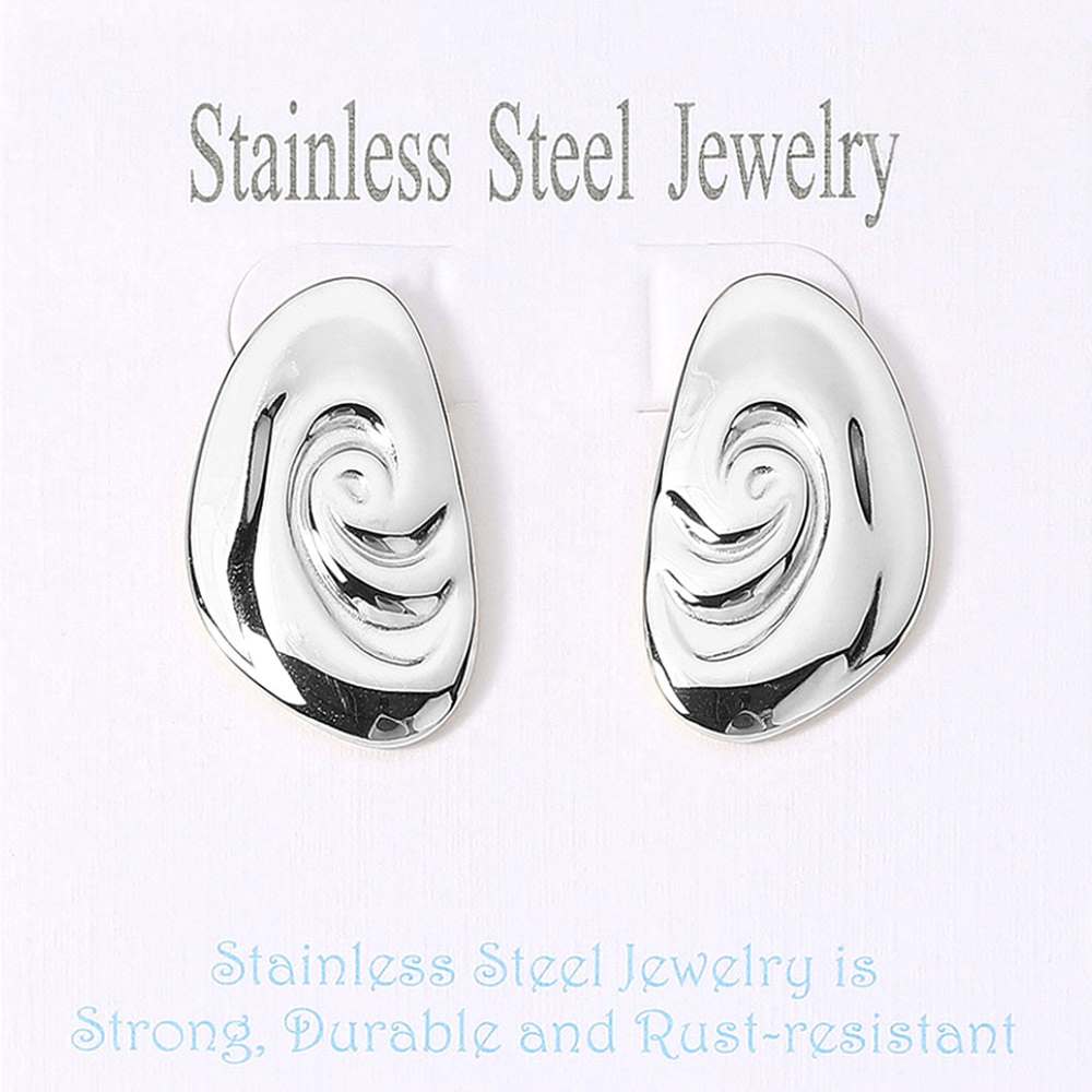 Rhodium Stainless steel swirl plate earrings are a stylish addition to any outfit. Made with durable stainless steel, they are resistant to tarnishing and hypoallergenic, making them perfect for sensitive ears. The unique swirl design adds a touch of elegance and will elevate your look.