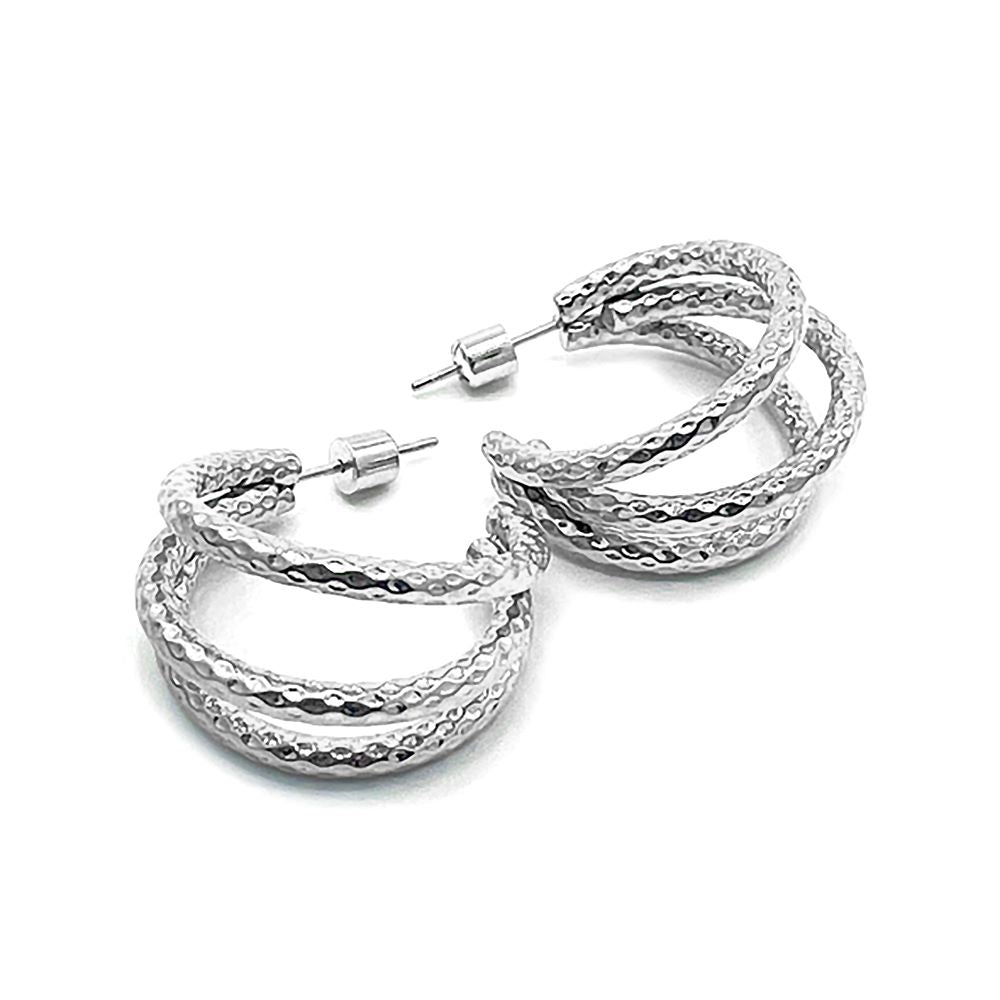  Rhodium Stainless Steel Textured Split Hoop Earrings are the perfect combination of style and durability. Made from high-quality stainless steel, these earrings feature a unique textured design that adds a touch of elegance to any outfit. With their split hoop design, they are comfortable to wear and will stay securely in place all day long. Elevate any look with these versatile and eye-catching earrings.