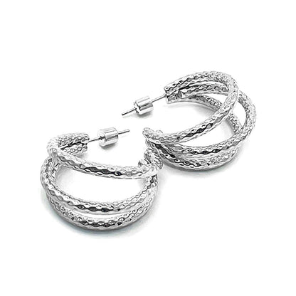  Rhodium Stainless Steel Textured Split Hoop Earrings are the perfect combination of style and durability. Made from high-quality stainless steel, these earrings feature a unique textured design that adds a touch of elegance to any outfit. With their split hoop design, they are comfortable to wear and will stay securely in place all day long. Elevate any look with these versatile and eye-catching earrings.