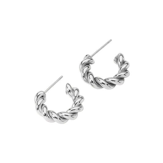Rhodium Stainless steel twisted mini hoop earrings are a stylish addition to any outfit. Made with durable stainless steel, they are perfect for everyday wear and have a unique twisted design for a modern touch. Add these to your earring collection for a sleek and sophisticated look.